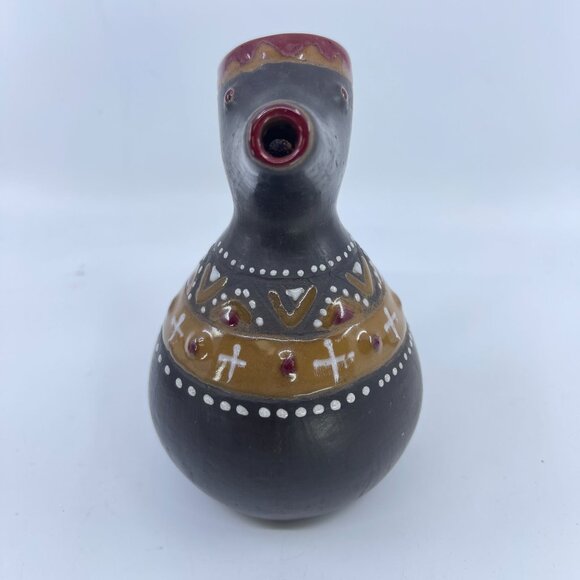 handcrafted vintage ceramic pitcher with tribal motifs & handle - Picture 2 of 6